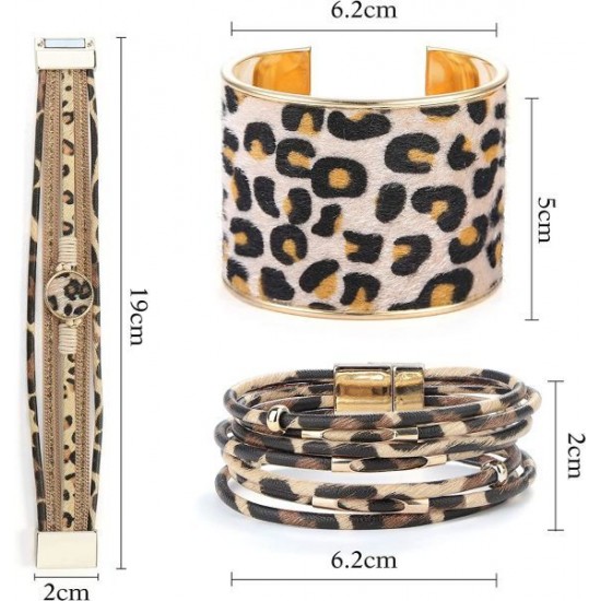 3 Pcs Leopard Leather Cuff Bracelets For Women Feather Boho Multilayer Wrap Tube Bangle Leopard Bracelet